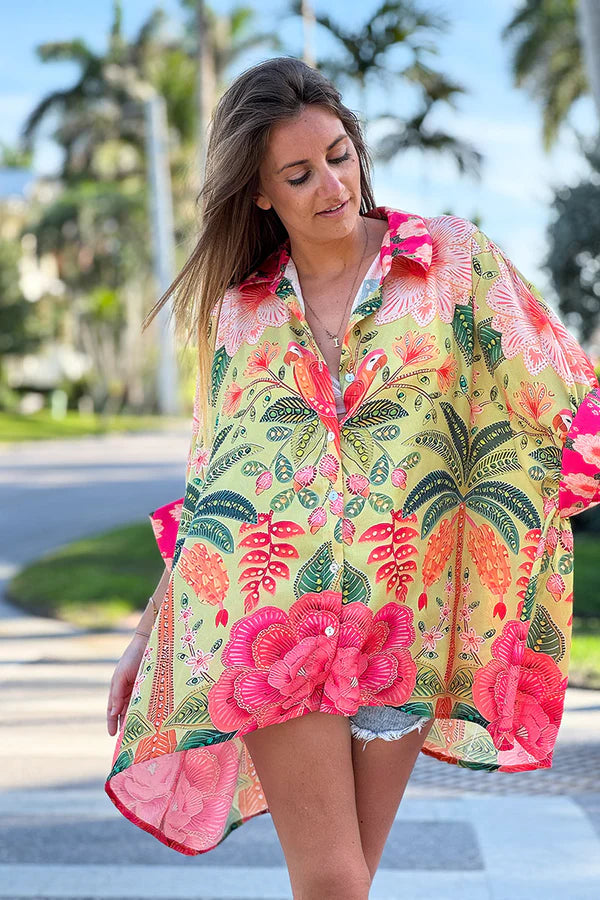 Pink and Green Batik Parrot Kimono Blouse