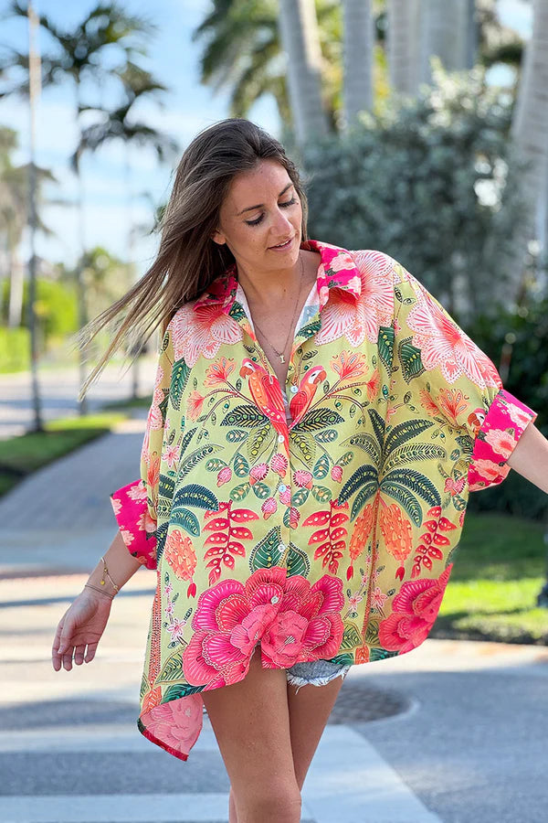 Pink and Green Batik Parrot Kimono Blouse