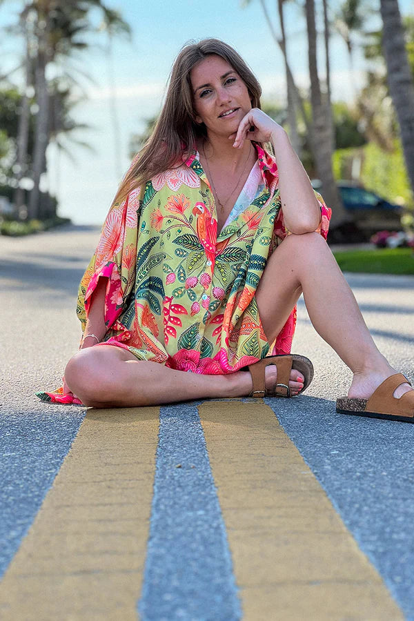 Pink and Green Batik Parrot Kimono Blouse