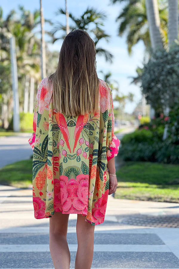 Pink and Green Batik Parrot Kimono Blouse