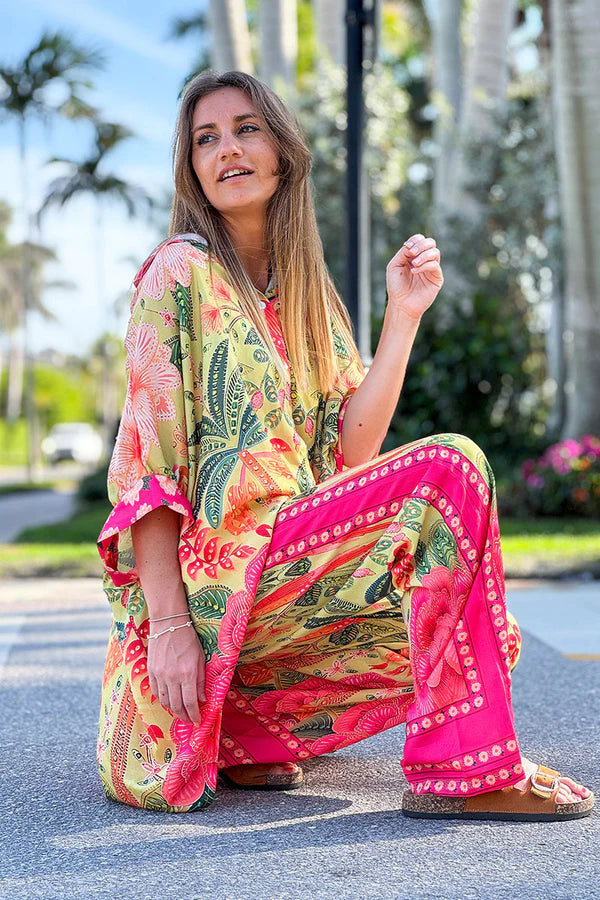 Pink and Green Batik Parrot Wide Leg Pants