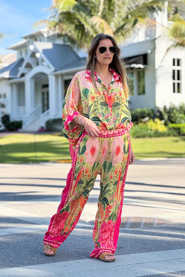 Pink and Green Batik Parrot Wide Leg Pants