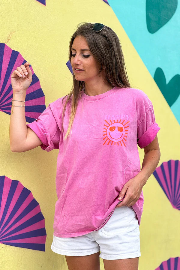 Pink Happy Sun Screen Print Tee