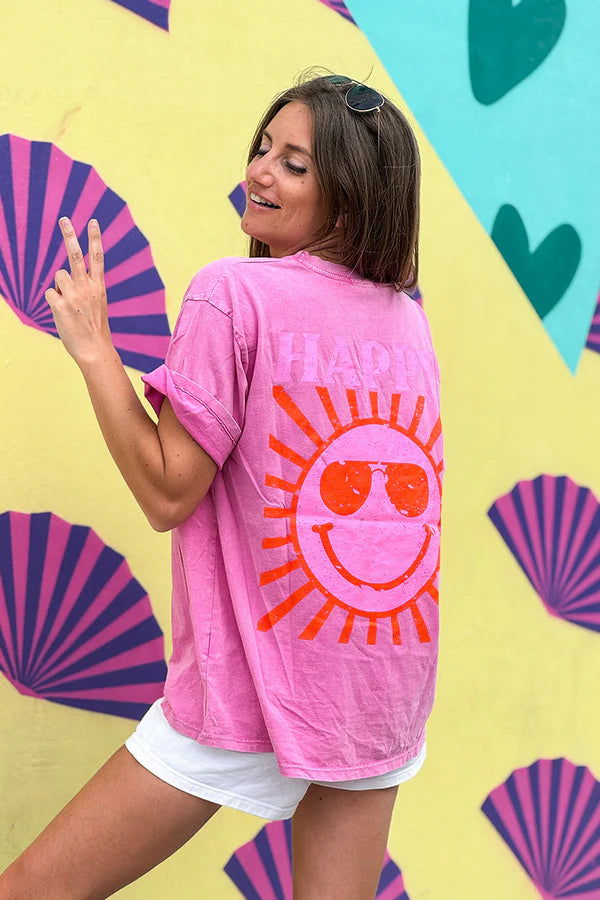 Pink Happy Sun Screen Print Tee