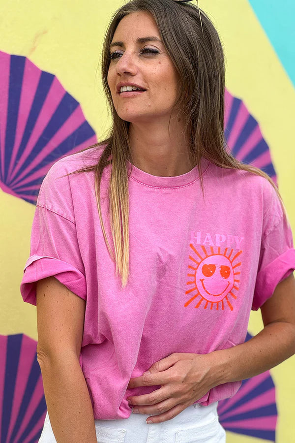 Pink Happy Sun Screen Print Tee