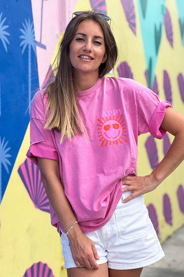 Pink Happy Sun Screen Print Tee