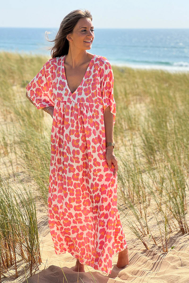Pink Leopard Print V-Neck Caftan