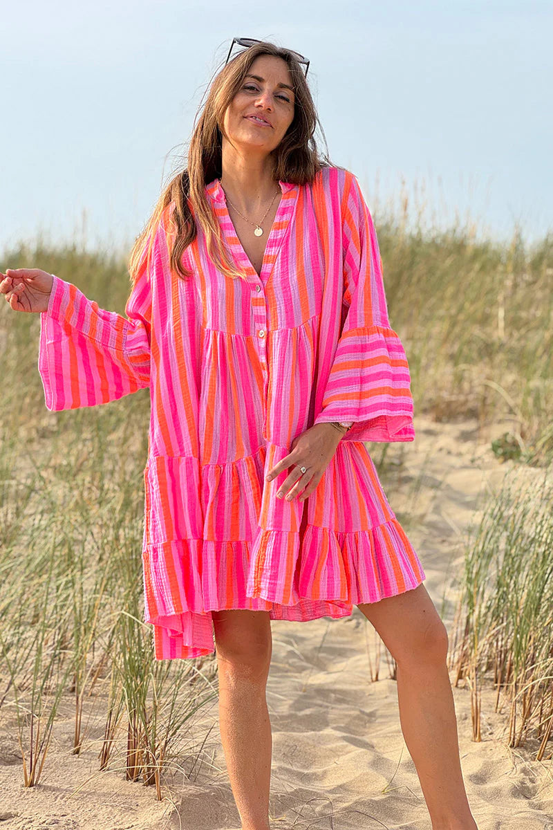 Pink Neon Stripe Bell-Sleeve Cabana Dress