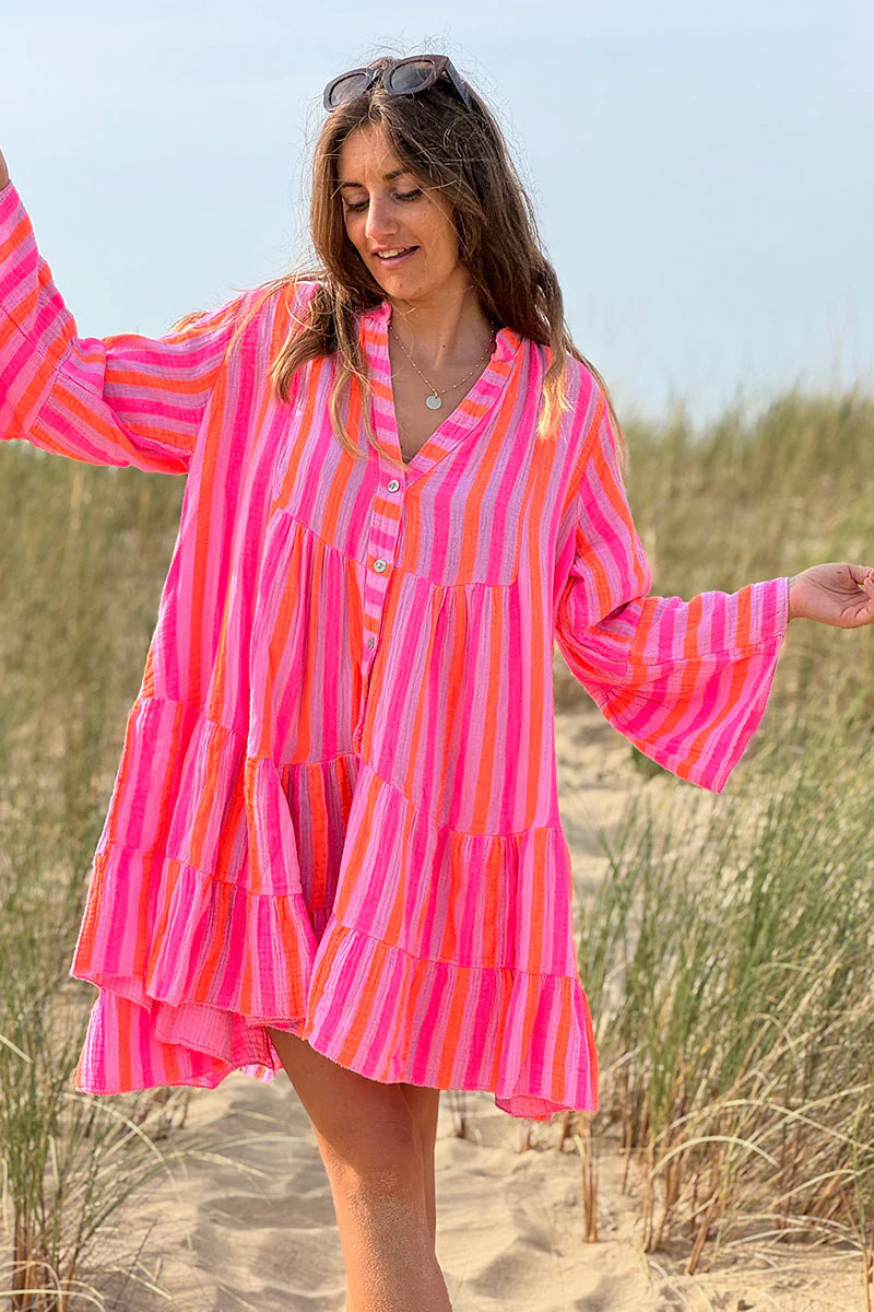 Pink Neon Stripe Bell-Sleeve Cabana Dress