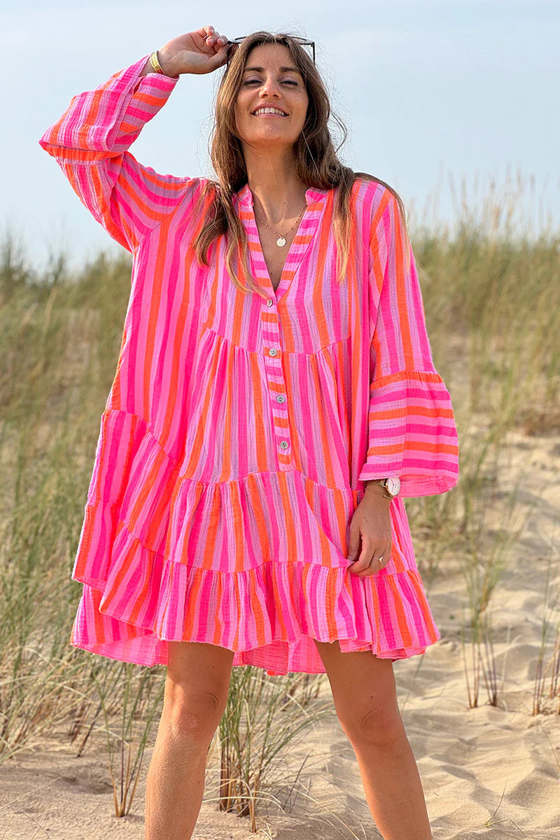 Pink Neon Stripe Bell-Sleeve Cabana Dress