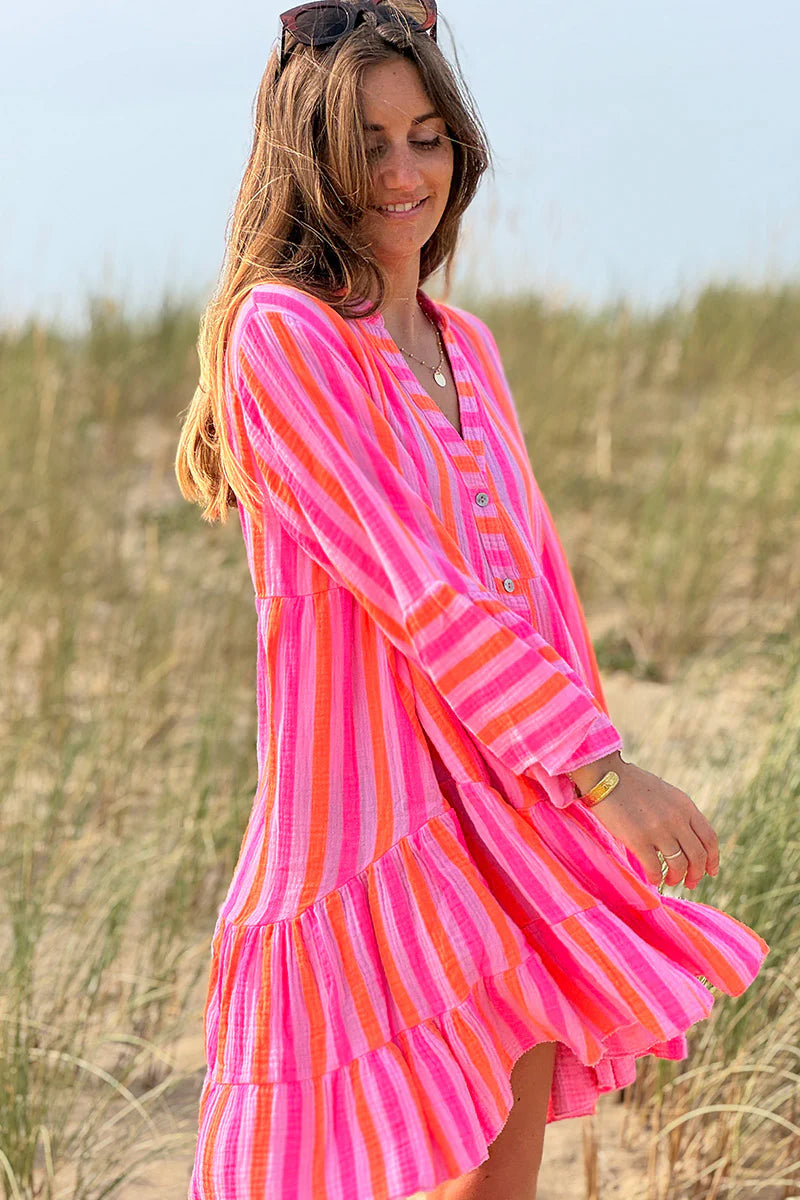Pink Neon Stripe Bell-Sleeve Cabana Dress