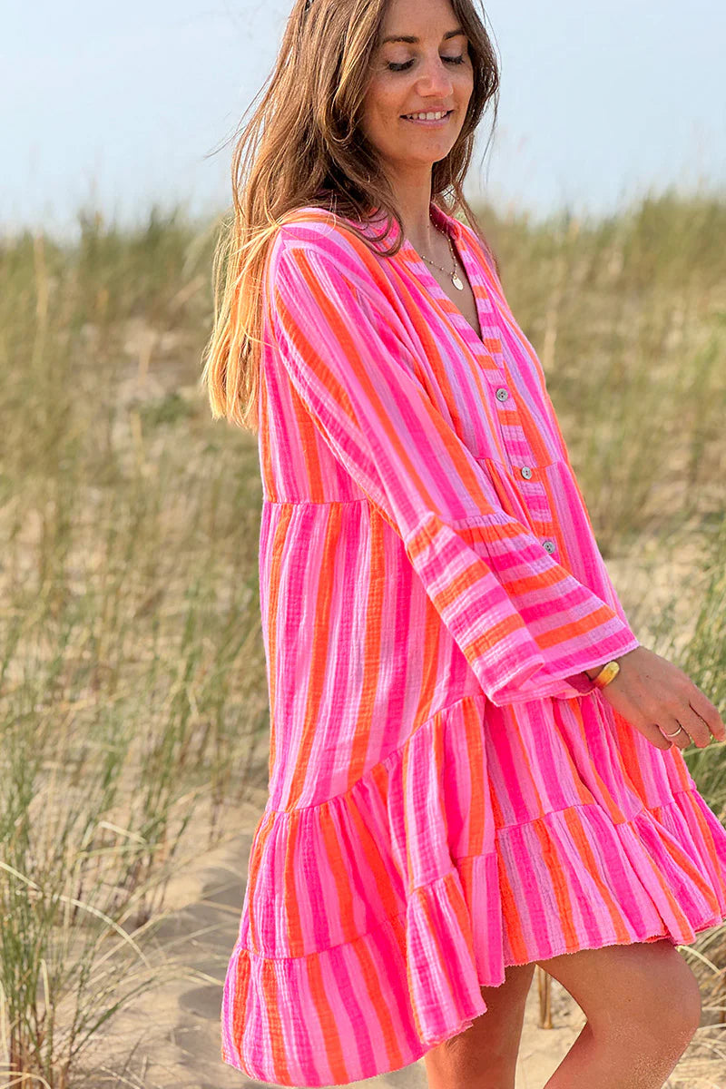 Pink Neon Stripe Bell-Sleeve Cabana Dress