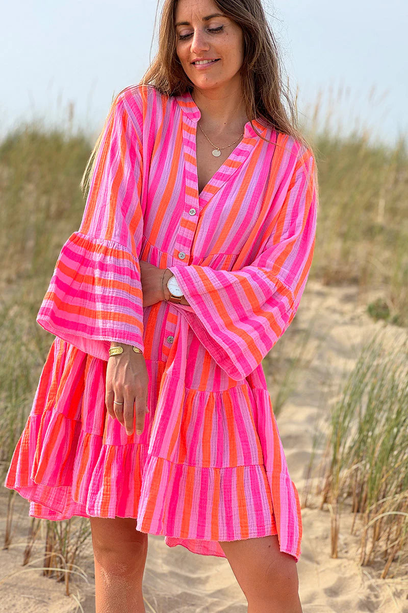 Pink Neon Stripe Bell-Sleeve Cabana Dress