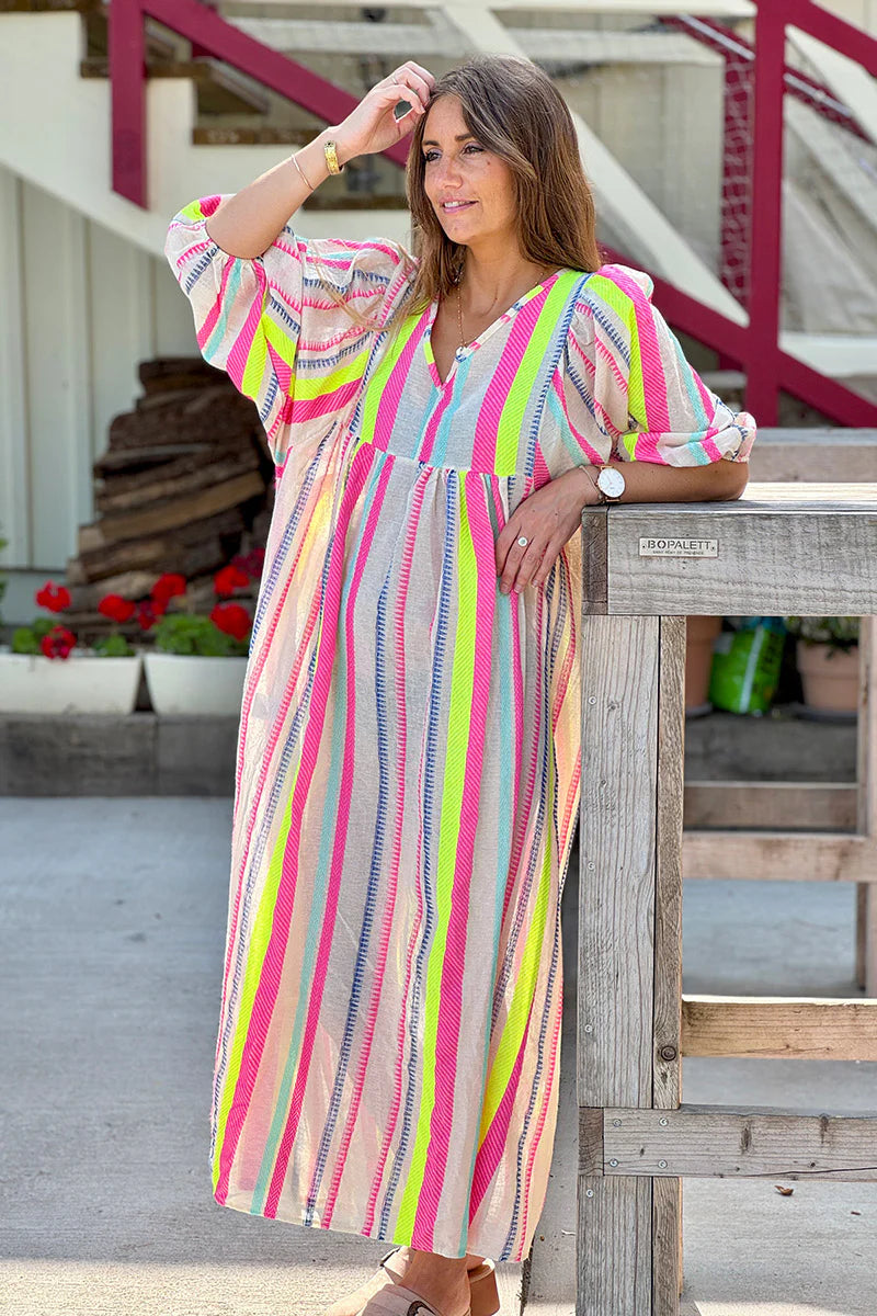 Pink Neon Stripe Boho House Dress
