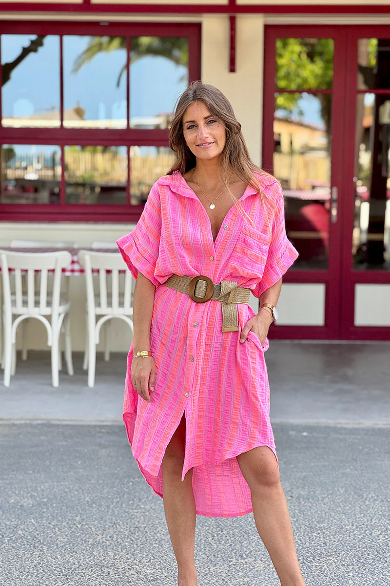 Pink Neon Stripe Button-Down Cabana Dress