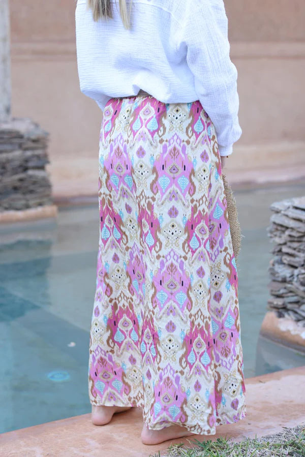 Pink oriental print maxi skirt with small mother of pearl buttons