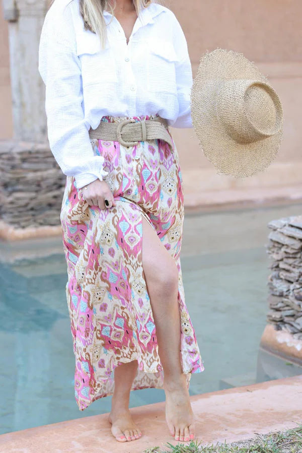 Pink oriental print maxi skirt with small mother of pearl buttons