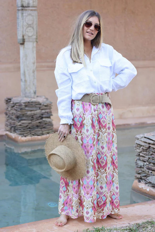 Pink oriental print maxi skirt with small mother of pearl buttons