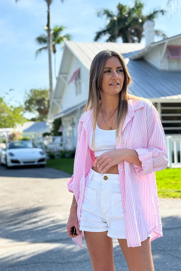 Pink Pinstripe Linen Button-Down