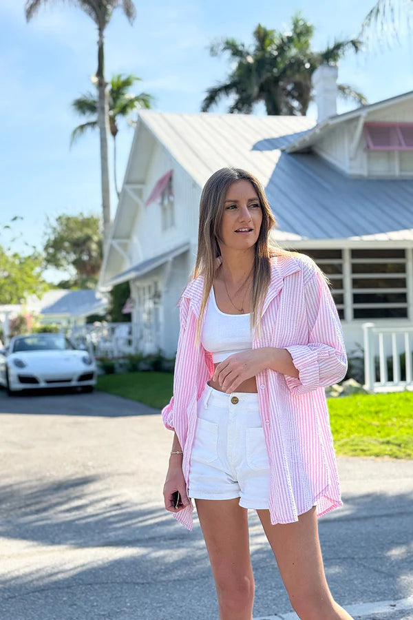 Pink Pinstripe Linen Button-Down