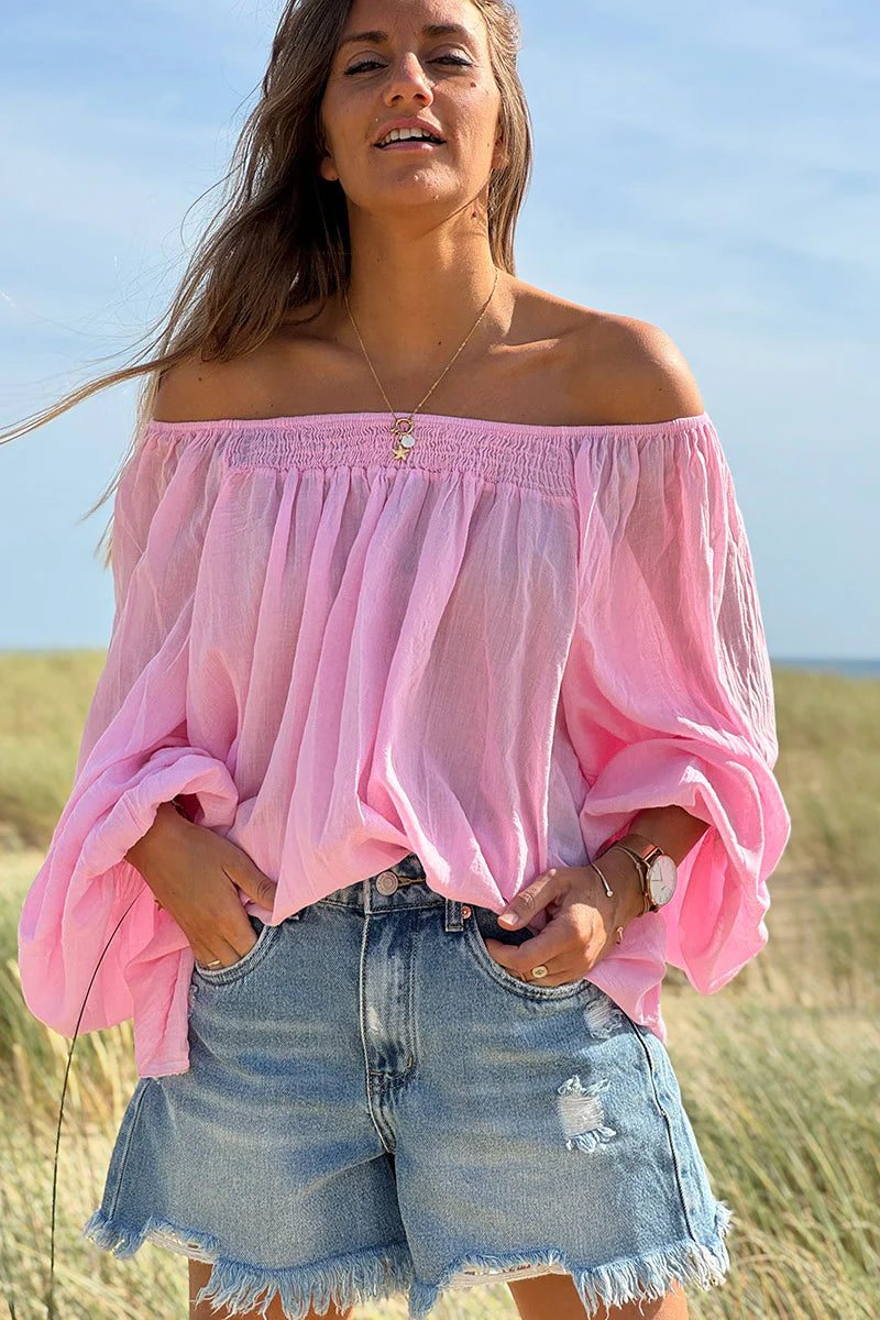 Pink Shirred Cotton Peasant Blouse