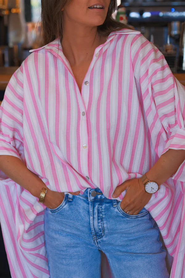 Pink Stripe Slouchy Cotton Button-Down Shirt