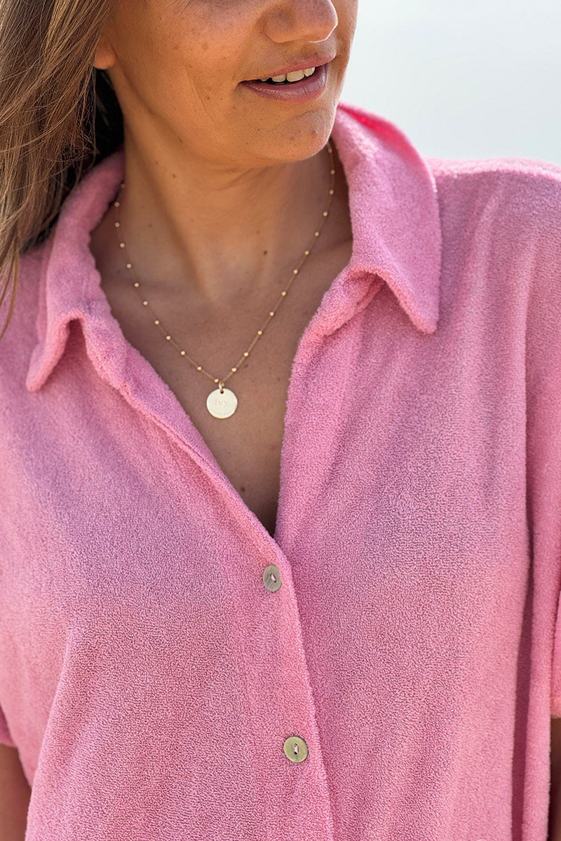 Pink Terry Cloth Button-Down Shirt Dress