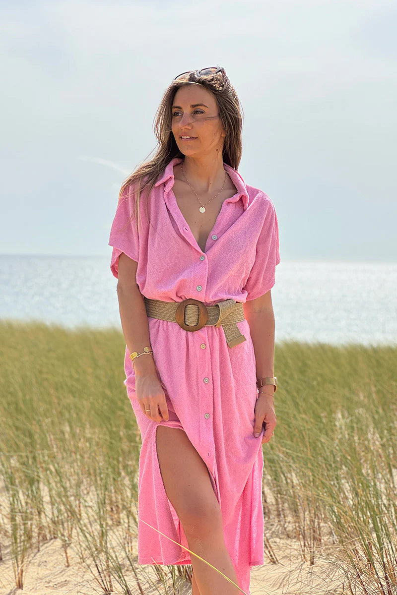 Pink Terry Cloth Button-Down Shirt Dress
