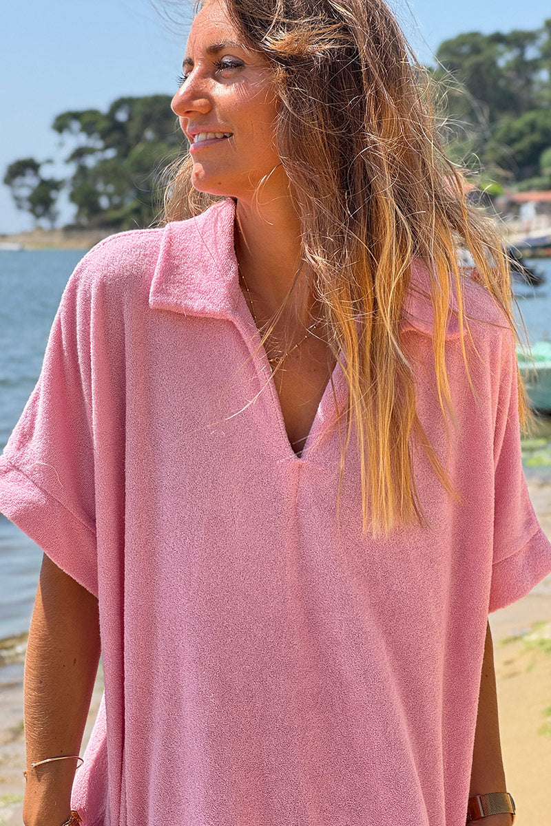 Pink Terry Cloth Collared Caftan