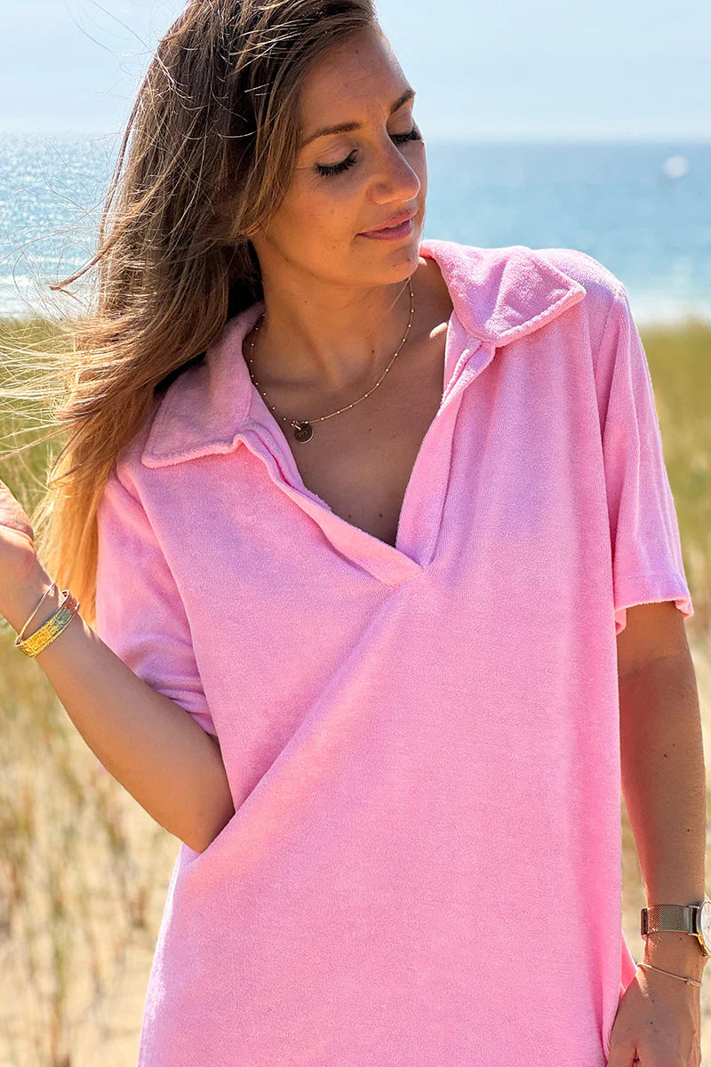 Pink Terry Cloth Collared V-Neck Dress