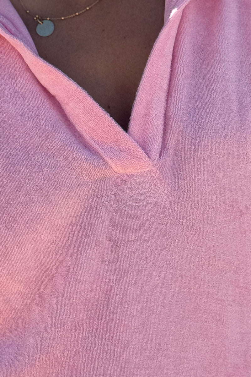 Pink Terry Cloth Collared V-Neck Dress