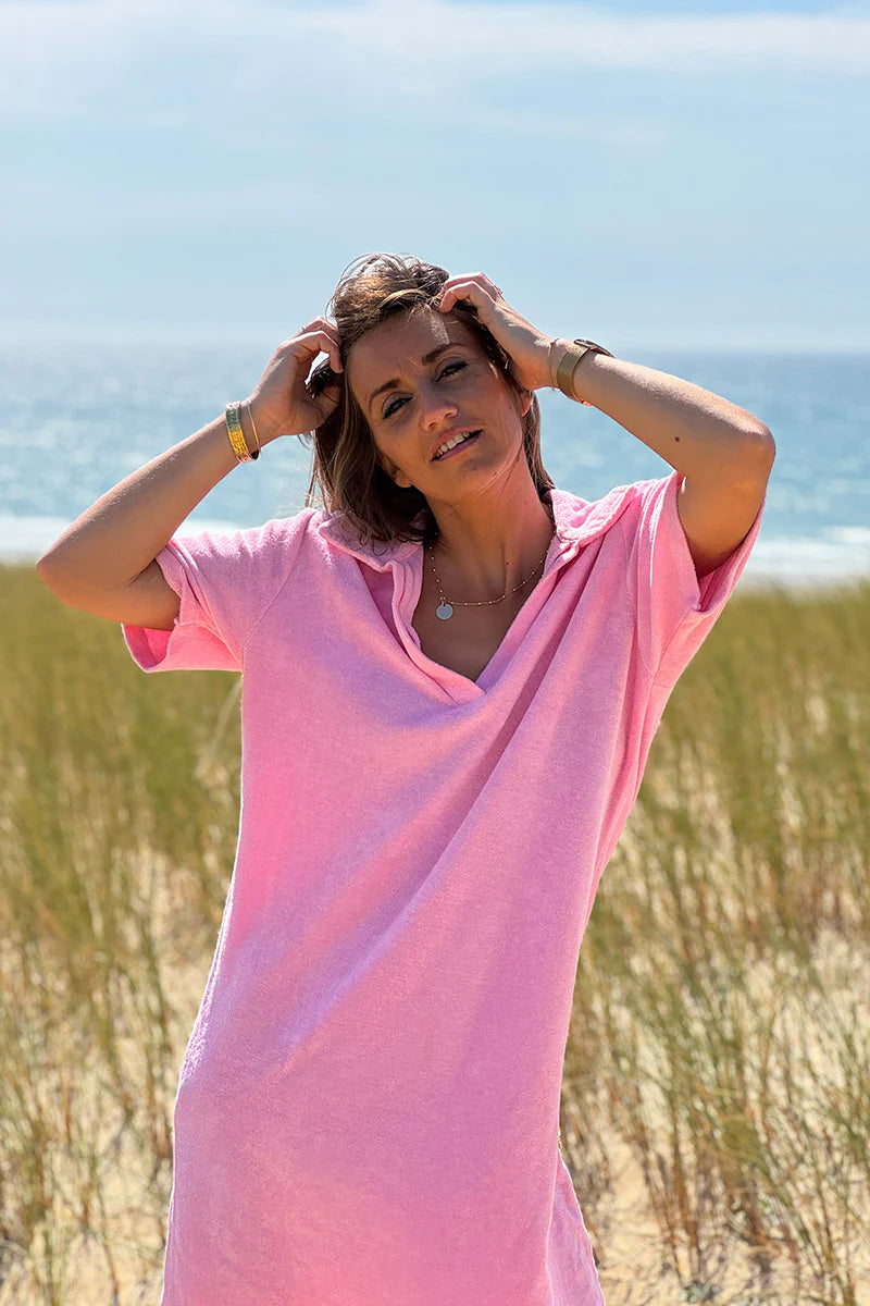 Pink Terry Cloth Collared V-Neck Dress