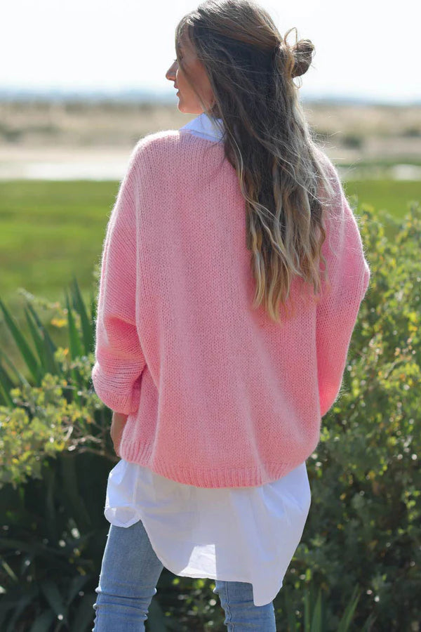 Pink Woollen v-neck Sweater with Batwing Sleeves