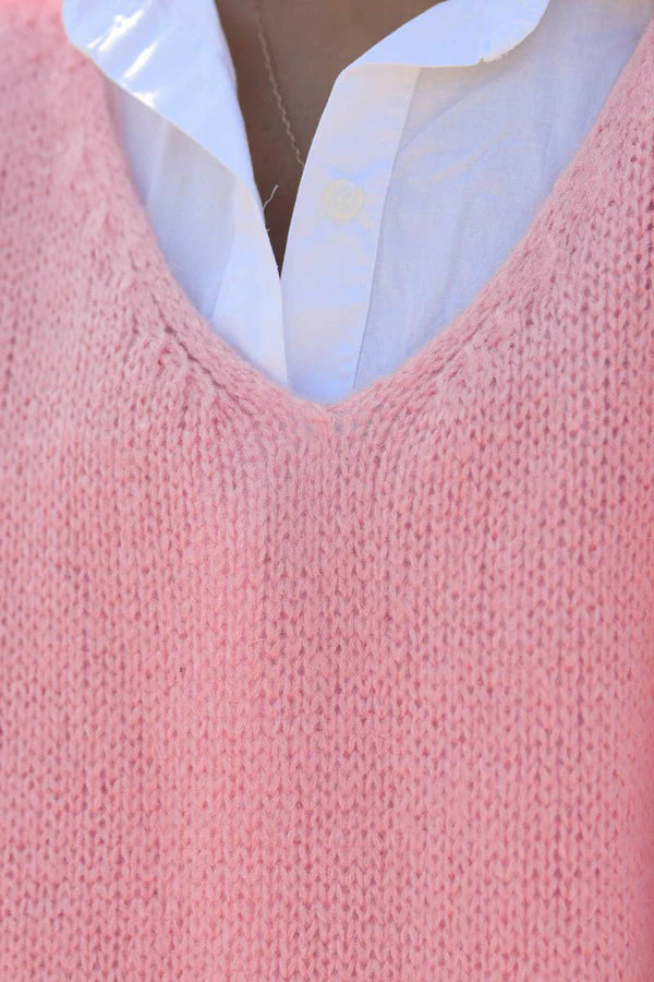 Pink Woollen v-neck Sweater with Batwing Sleeves