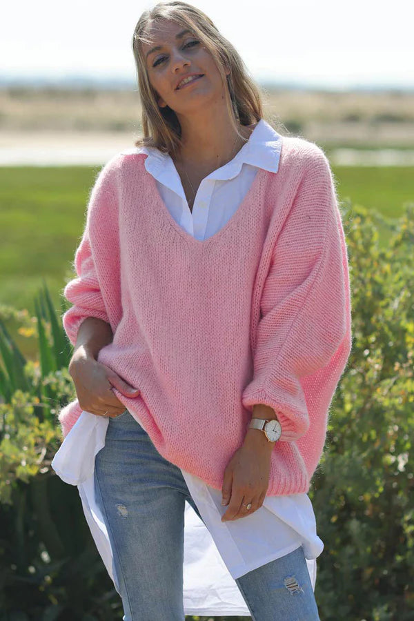 Pink Woollen v-neck Sweater with Batwing Sleeves