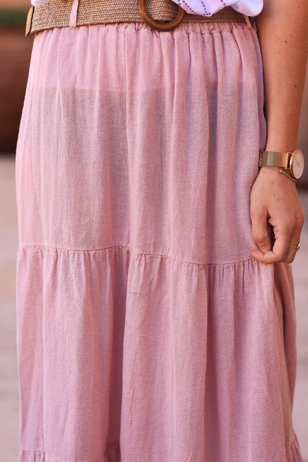 Powder pink brushed cotton maxi skirt with belt