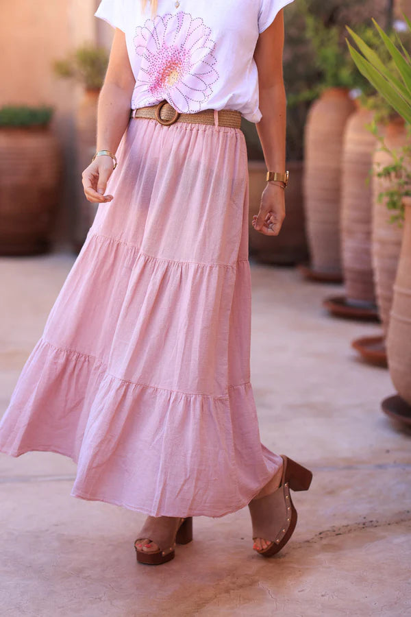Powder Pink brushed cotton maxi Skirt with belt Horizons Lointains Paris