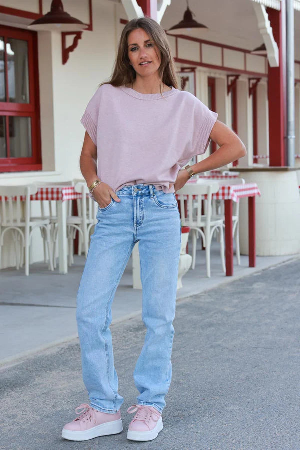 Powder Pink Cap-Sleeve Knit Top