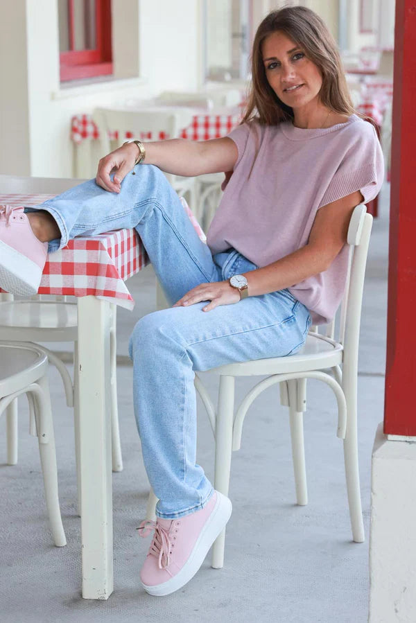 Powder Pink Cap-Sleeve Knit Top