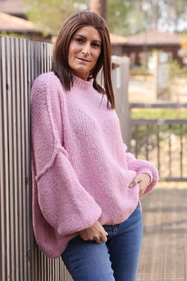 Powder pink Chunky Knit Sweater Oversized and Funnel Neck