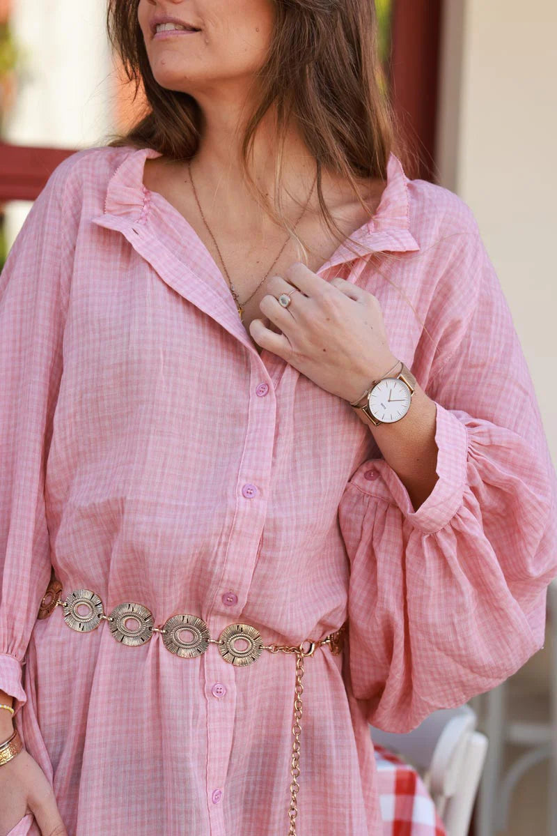 Powder Pink Gingham Blouson Prairie Dress