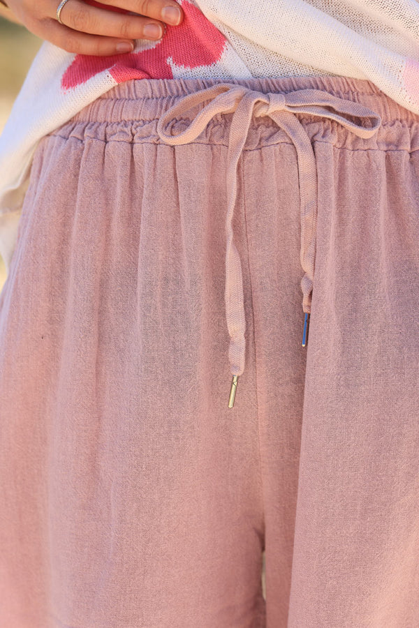 Powder Pink Lightweight Cotton Wide Leg Pants