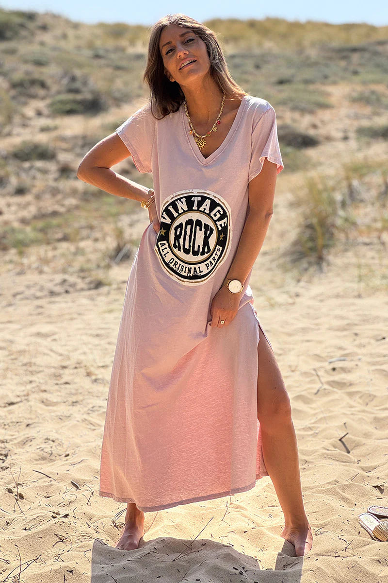 Powder Pink Vintage Rock V-Neck T-Shirt Dress