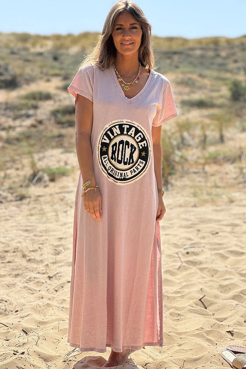 Powder Pink Vintage Rock V-Neck T-Shirt Dress