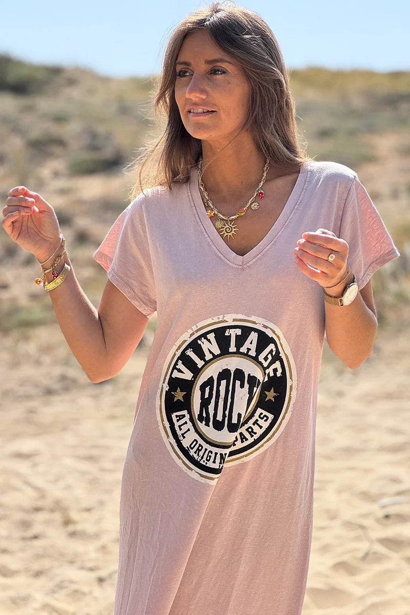 Powder Pink Vintage Rock V-Neck T-Shirt Dress