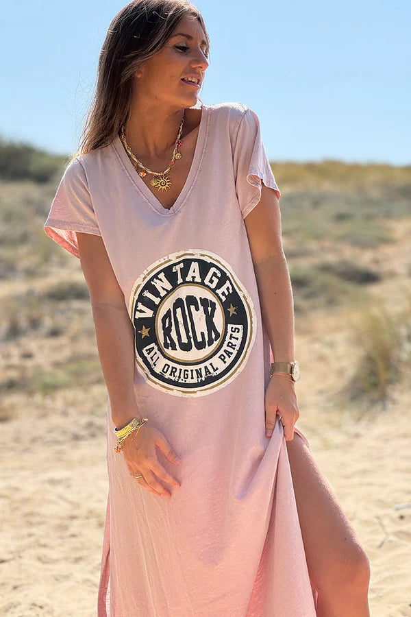 Powder Pink Vintage Rock V-Neck T-Shirt Dress