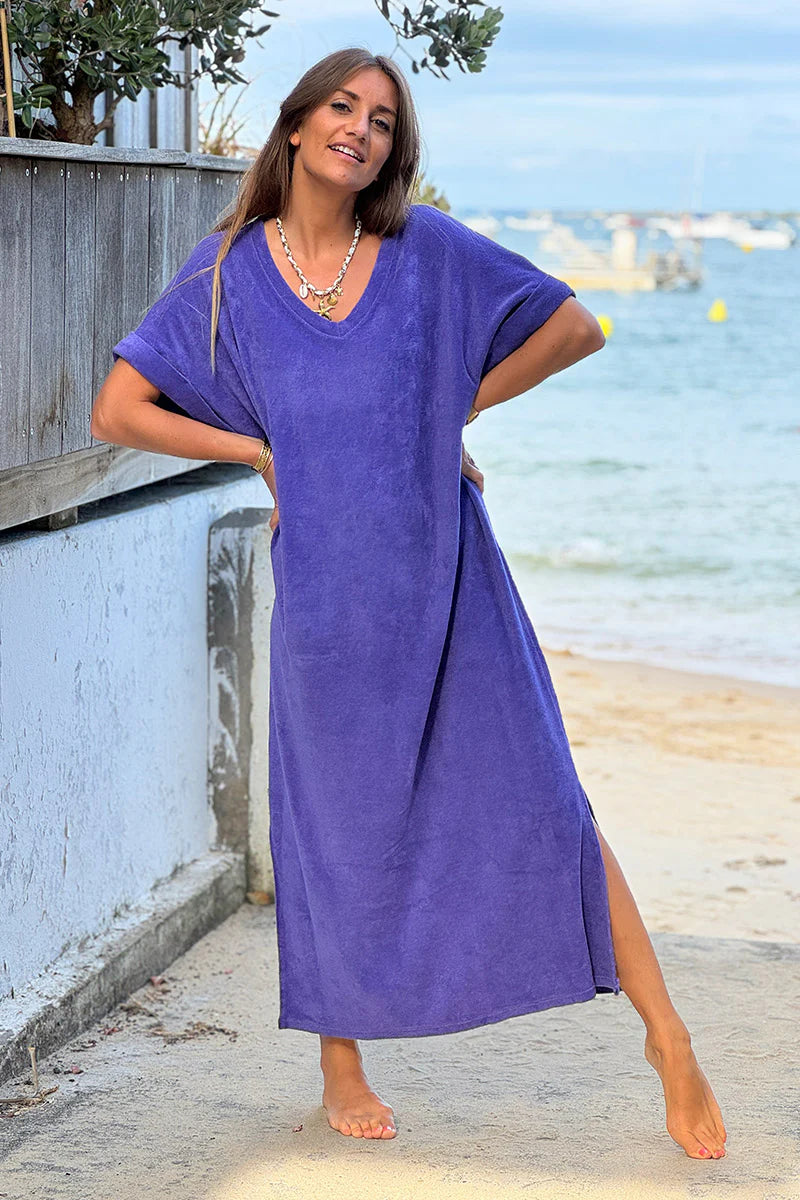 Purple Brushed Terry V-Neck Maxi Dress