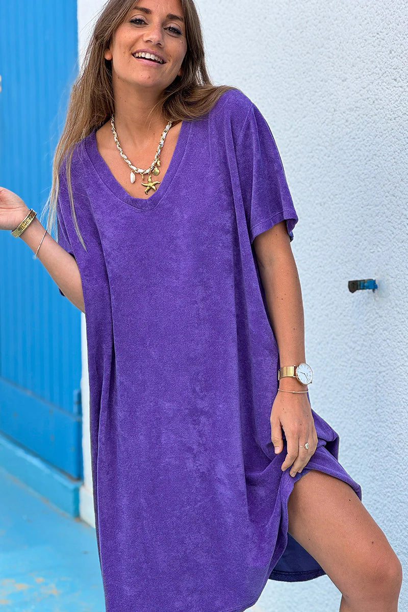 Purple Brushed Velour V-Neck Lounge Dress