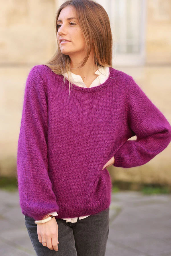 Purple Knitted Mohair Blend Sweater Round Neck