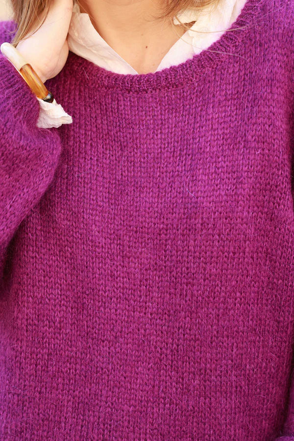 Purple Knitted Mohair Blend Sweater Round Neck